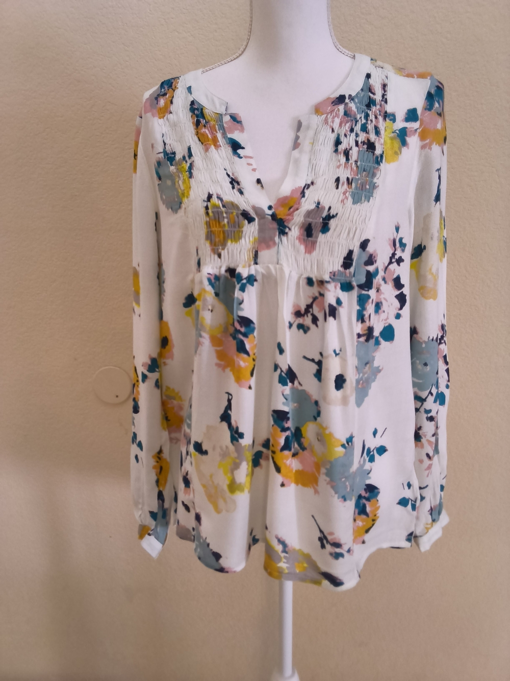Lucky Brand White Floral Pintuck Peasant Blouse with Yellow, Blue, Pink Accents